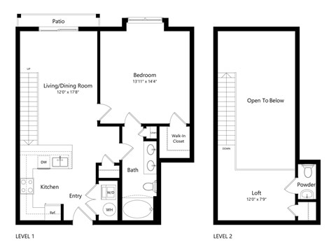 A floor plan of a two level home with a patio and a powder room.